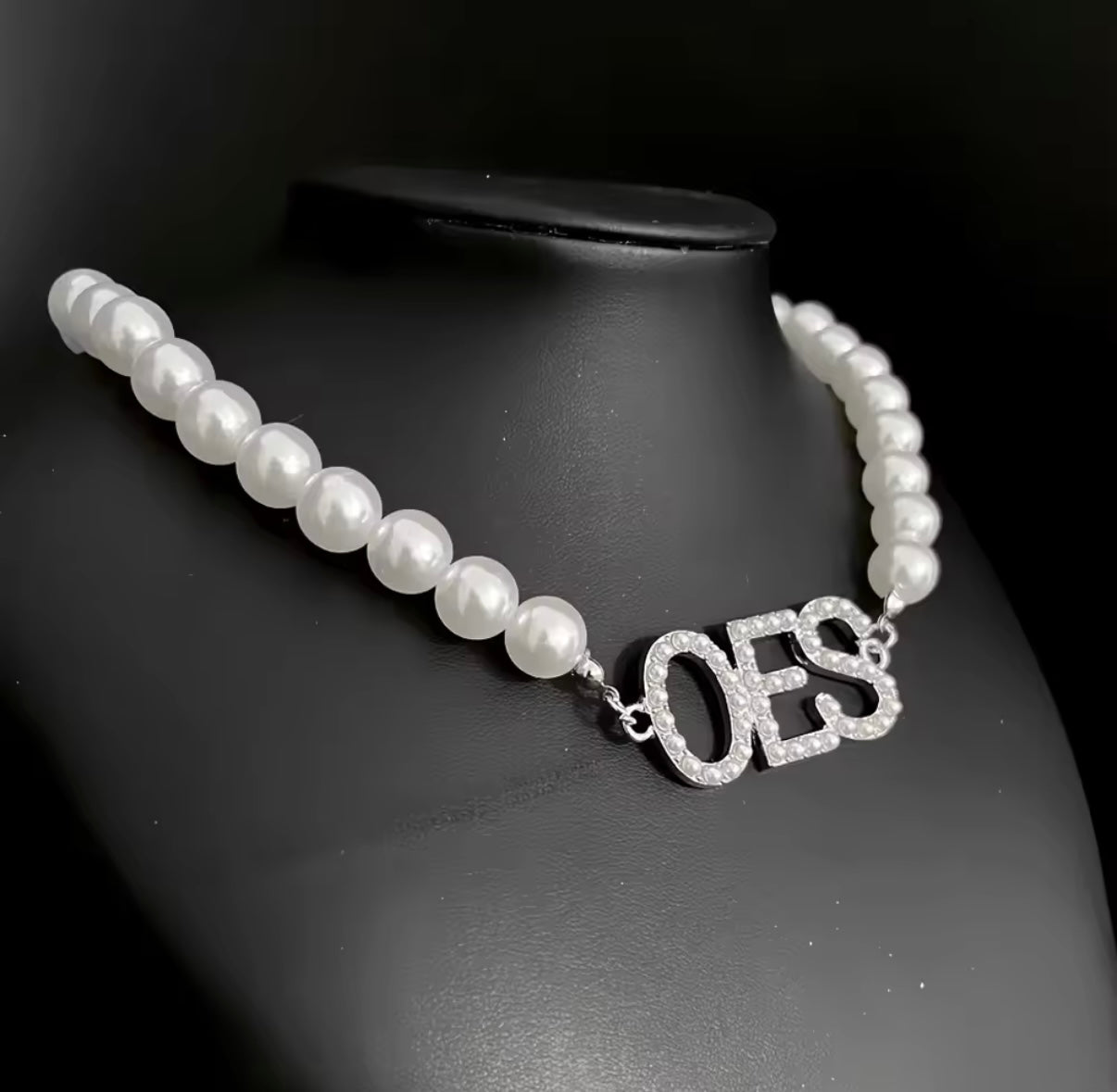 OES, Order of the Eastern Star Pearl with “OES” Letters Necklace with Keepsake Pouch
