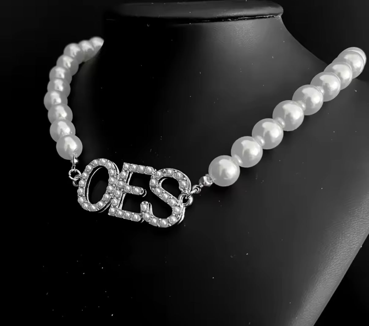 OES, Order of the Eastern Star Pearl with “OES” Letters Necklace with Keepsake Pouch
