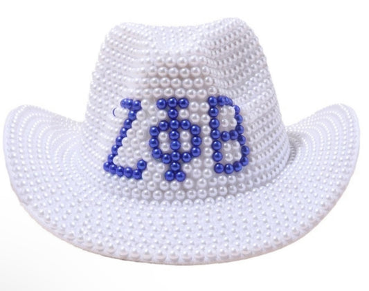 ZPB, Zeta Phi Beta, Blue and White Cowgirl Hat, Handmade with Pearls