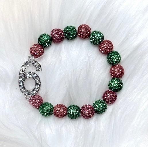 AKA, Alpha Kappa Alpha, Line Number “6” Pink And Green Bracelet w/ Pouch