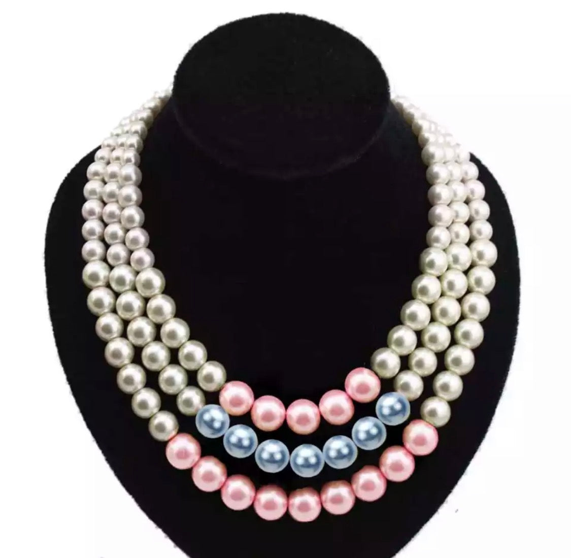 Jack and Jill, Multi-Colored Triple Row Pearl Necklace with Earrings, Keepsake Pouch