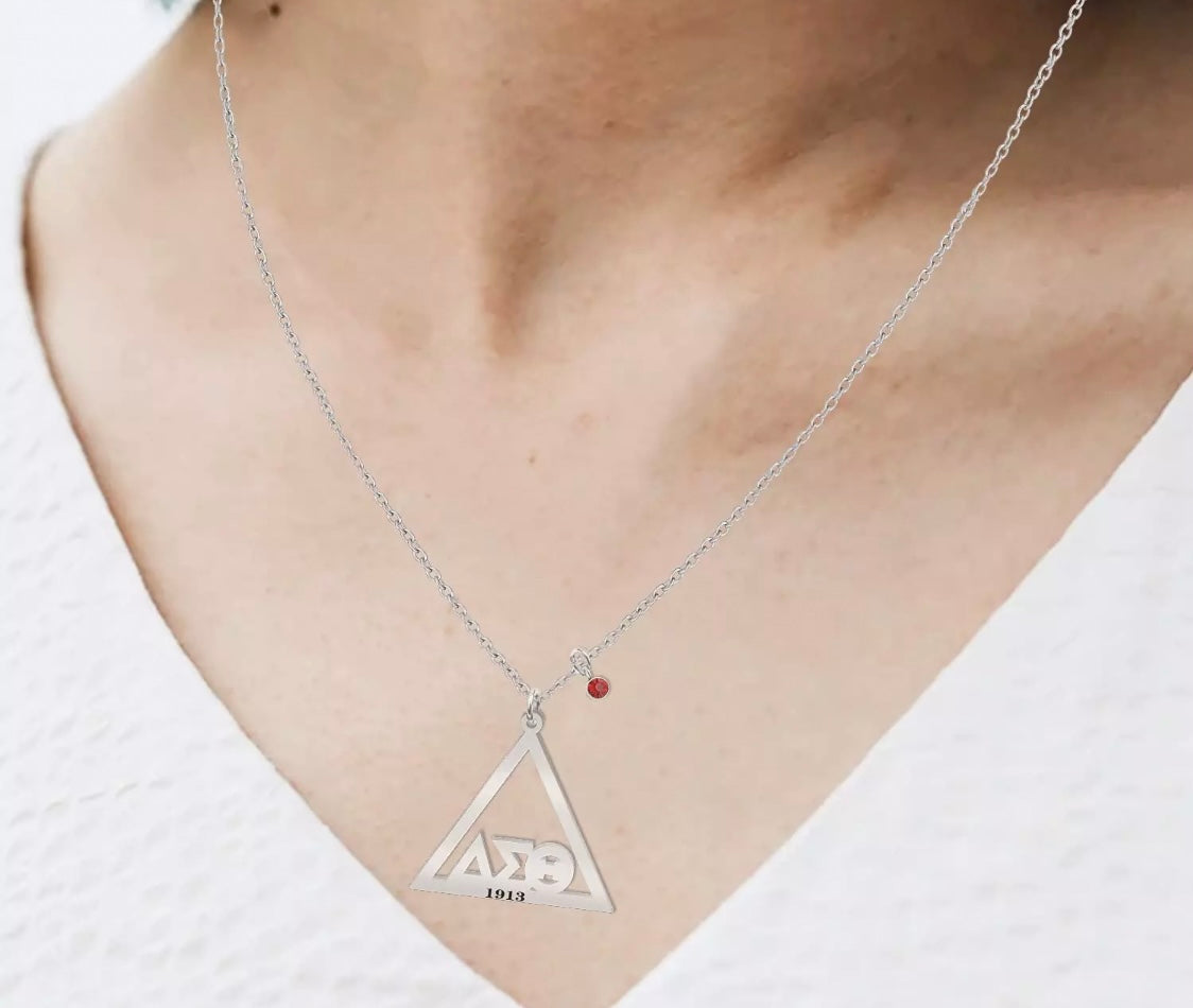 DST, Delta Sigma Theta Pyramid, Letters, Necklace with Crimson Rhinestone with Keepsake Pouch