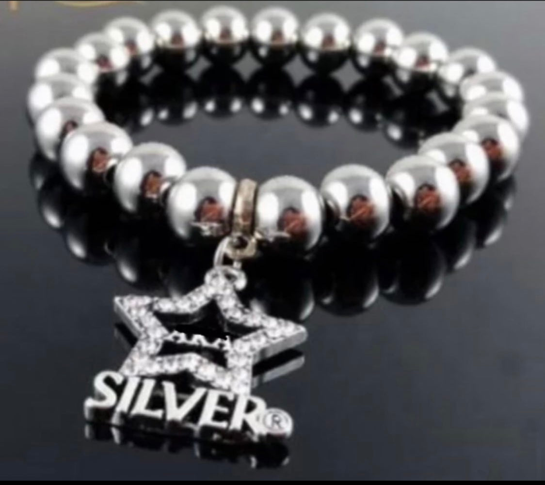 AKA, Alpha Kappa Alpha, Silver Soror Beaded Bracelet with Star-Blinged Charm and Keepsake Pouch