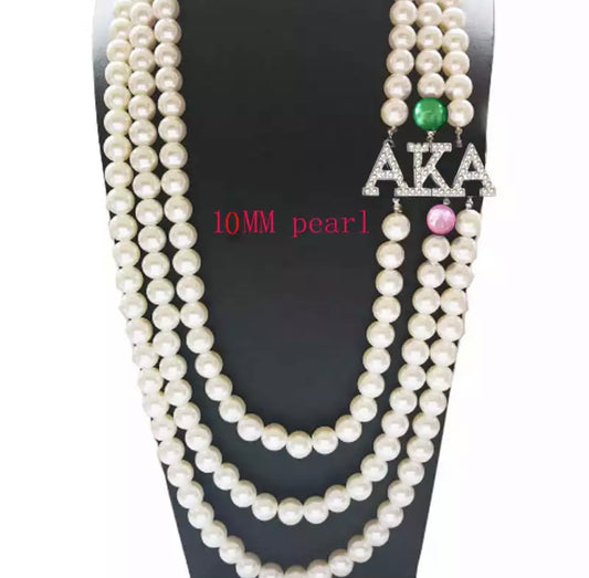 AKA Elite Collection Triple Row Pearl Necklace with AKA Pearl Emblem