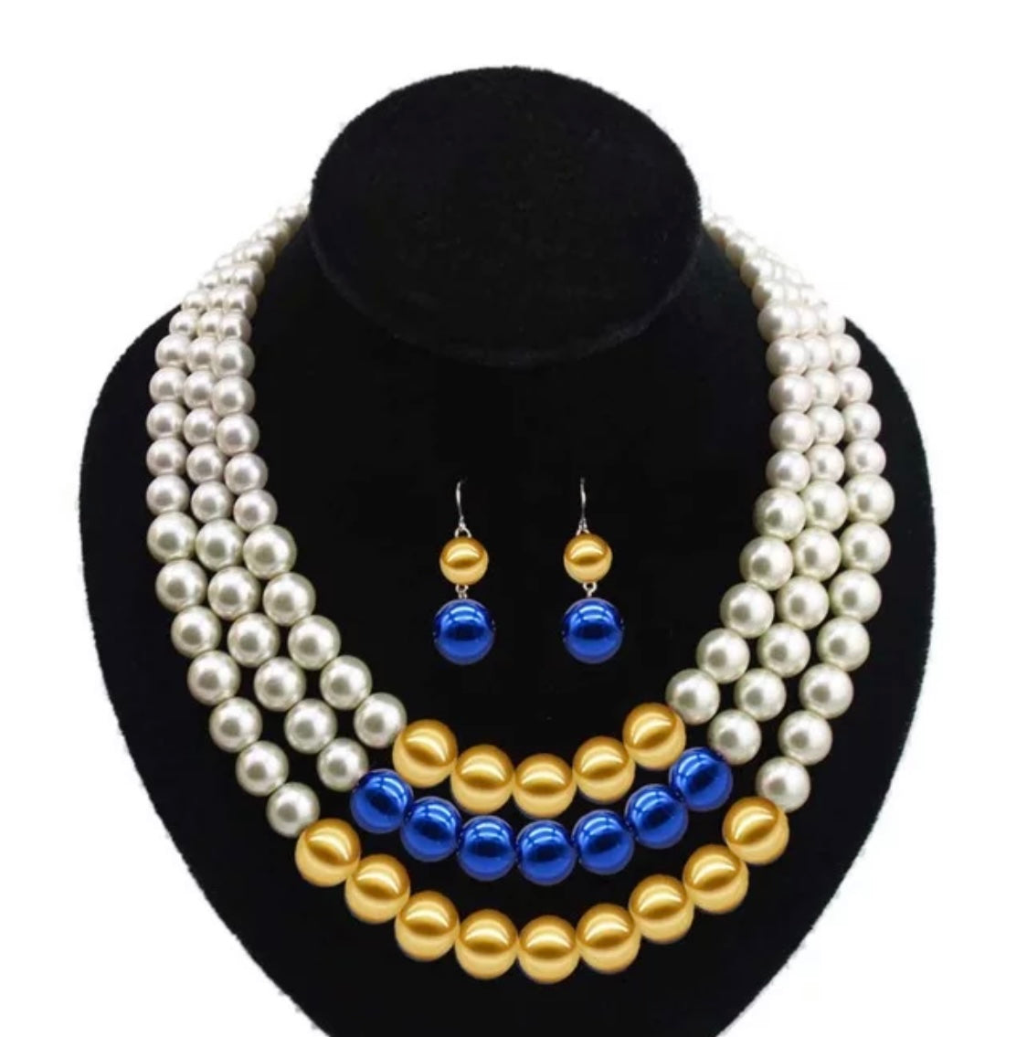 SGRho, Sigma Gamma Rho, Multi-Colored Triple Pearl Necklace with Earrings with Keepsake Pouch