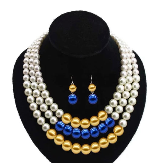 SGRho, Sigma Gamma Rho, Multi-Colored Triple Pearl Necklace with Earrings with Keepsake Pouch