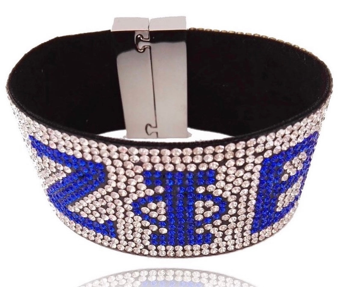 ZPB Blue and Clear Blinged-Out Cuff with Keepsake Pouch (Two Variations)