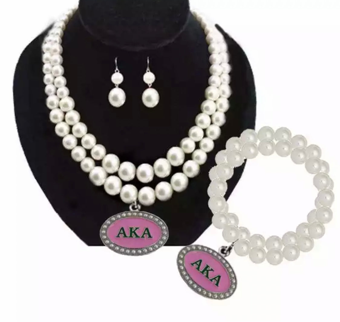 AKA, Alpha Kappa Alpha, Pearl Necklace, Bracelet, and Earrings Set, AKA Oval Pendant
