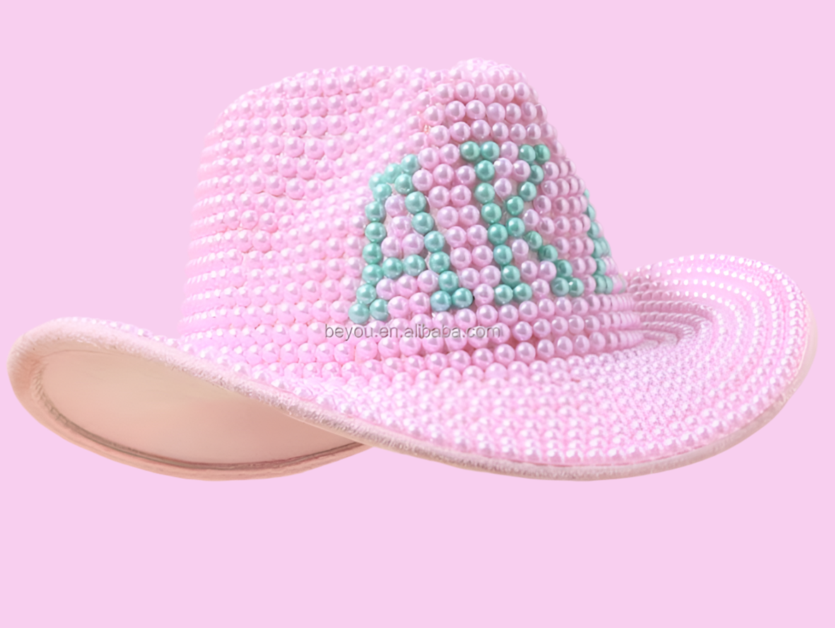 AKA Pink and Green Cowgirl Hat, Handmade with Pearls