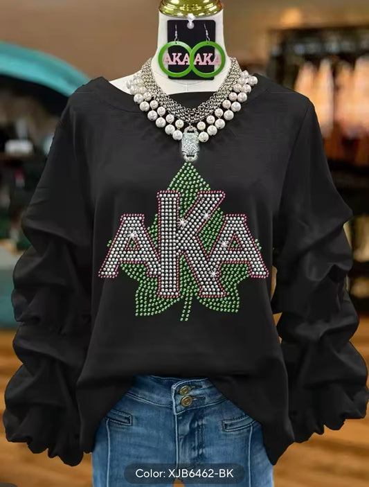 AKA, Pink and Green Rhinestones Pleated Sweatshirt