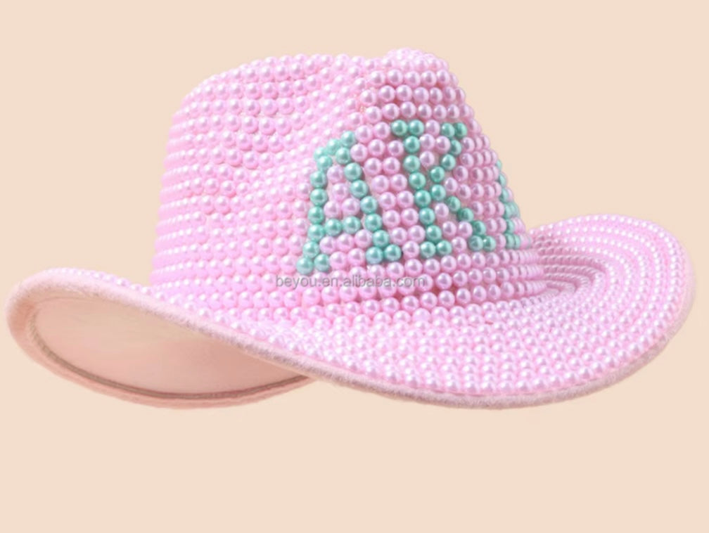 AKA Pink and Green Cowgirl Hat, Handmade with Pearls