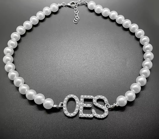 OES, Order of the Eastern Star Pearl with “OES” Letters Necklace with Keepsake Pouch
