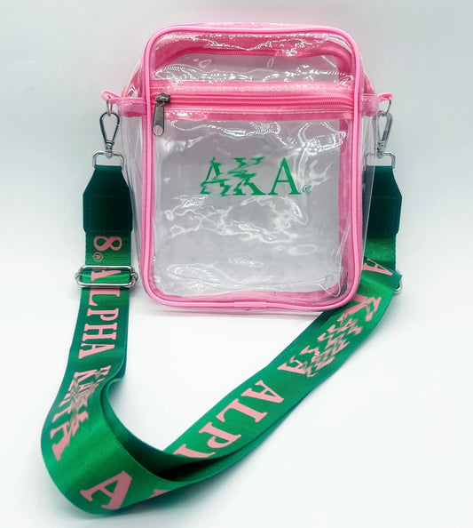 AKA, Alpha Kappa Alpha, CLEAR STADIUM CROSSBODY MESSENGER BAG With Printed Strap, PRE-ORDER