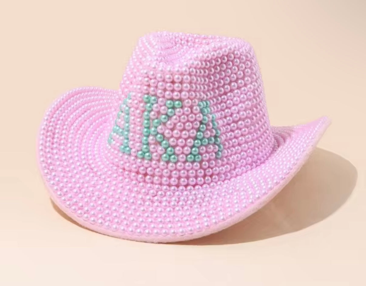 AKA Pink and Green Cowgirl Hat, Handmade with Pearls