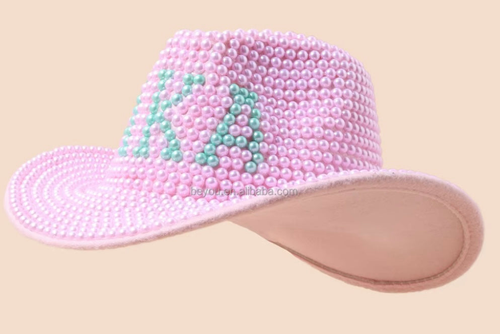 AKA Pink and Green Cowgirl Hat, Handmade with Pearls