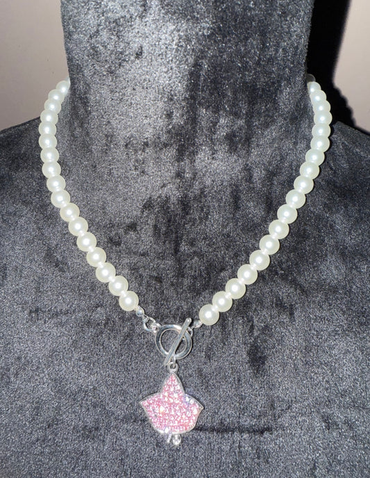 AKA Pink Ivy Leaf Pendant and Pearl Necklace with Keepsake Pouch