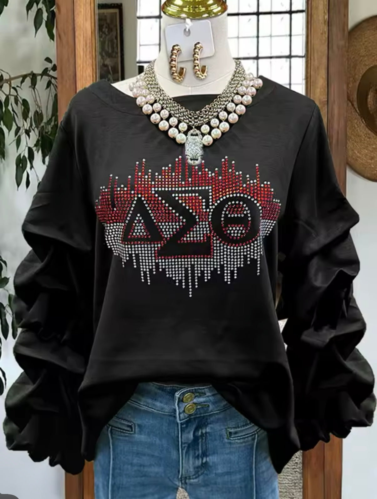 DST, Rhinestones Pleated Sweatshirt