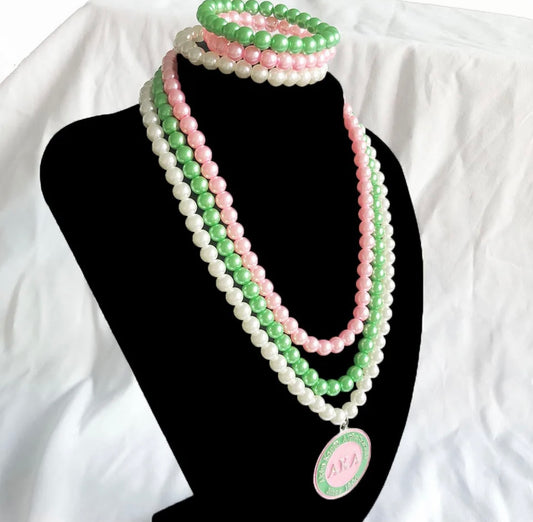 AKA Multi-Colored Pearl Necklace, AKA Medallion Pendant, Two Options with Keepsake Pouch