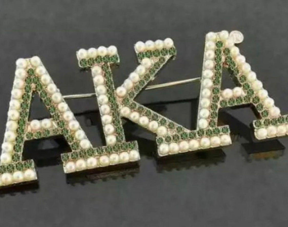 AKA, “AKA” Double Row Pearl and Green Rhinestones, GOLD OR SILVER, Brooch with Keepsake Pouch