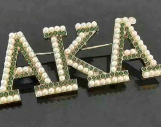 AKA, “AKA” Double Row Pearl and Green Rhinestones, GOLD OR SILVER, Brooch with Keepsake Pouch