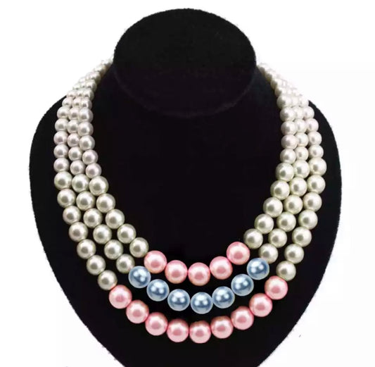 Jack and Jill, Multi-Colored Triple Row Pearl Necklace with Earrings, Keepsake Pouch
