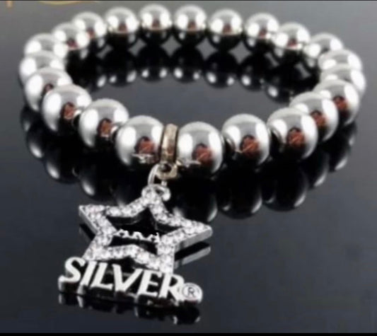 AKA, Alpha Kappa Alpha, Silver Soror Beaded Bracelet with Star-Blinged Charm and Keepsake Pouch