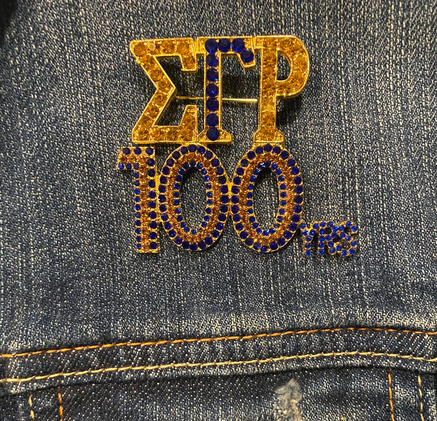 SGR, Sigma Gamma Rho, 100 Yrs, Blue and Gold Rhinestones Pin with Keepsake Pouch