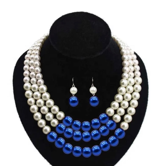 ZPB, Zeta Phi Beta, Multi-Colored Triple Pearl Necklace with Earrings with Keepsake Pouch