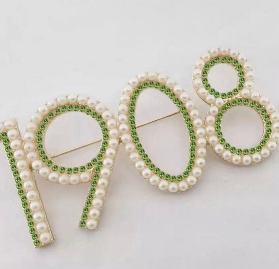 AKA, “1908” Double Row Pearl and Green Rhinestones Brooch with Keepsake Pouch