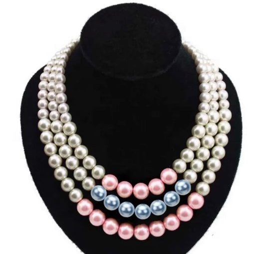 BPO, Multi-Colored Triple Row Pearl Necklace with Earrings, Keepsake Pouch