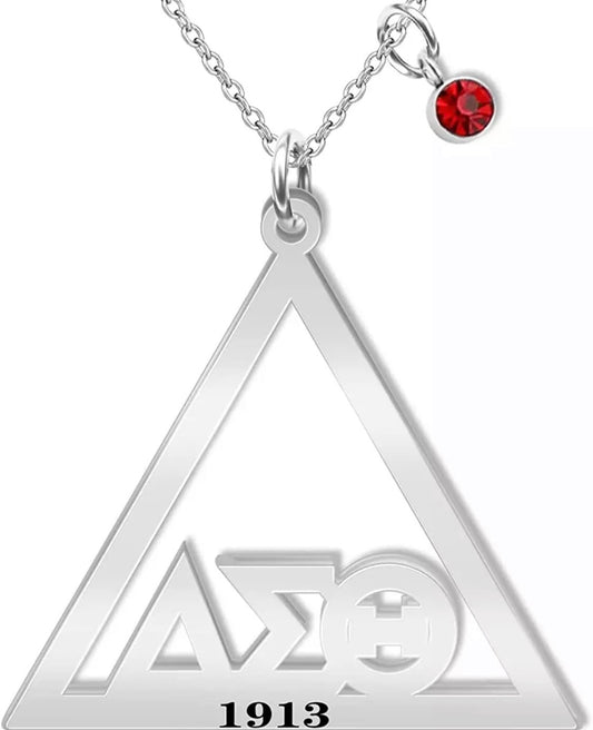 DST, Delta Sigma Theta Pyramid, Letters, Necklace with Crimson Rhinestone with Keepsake Pouch