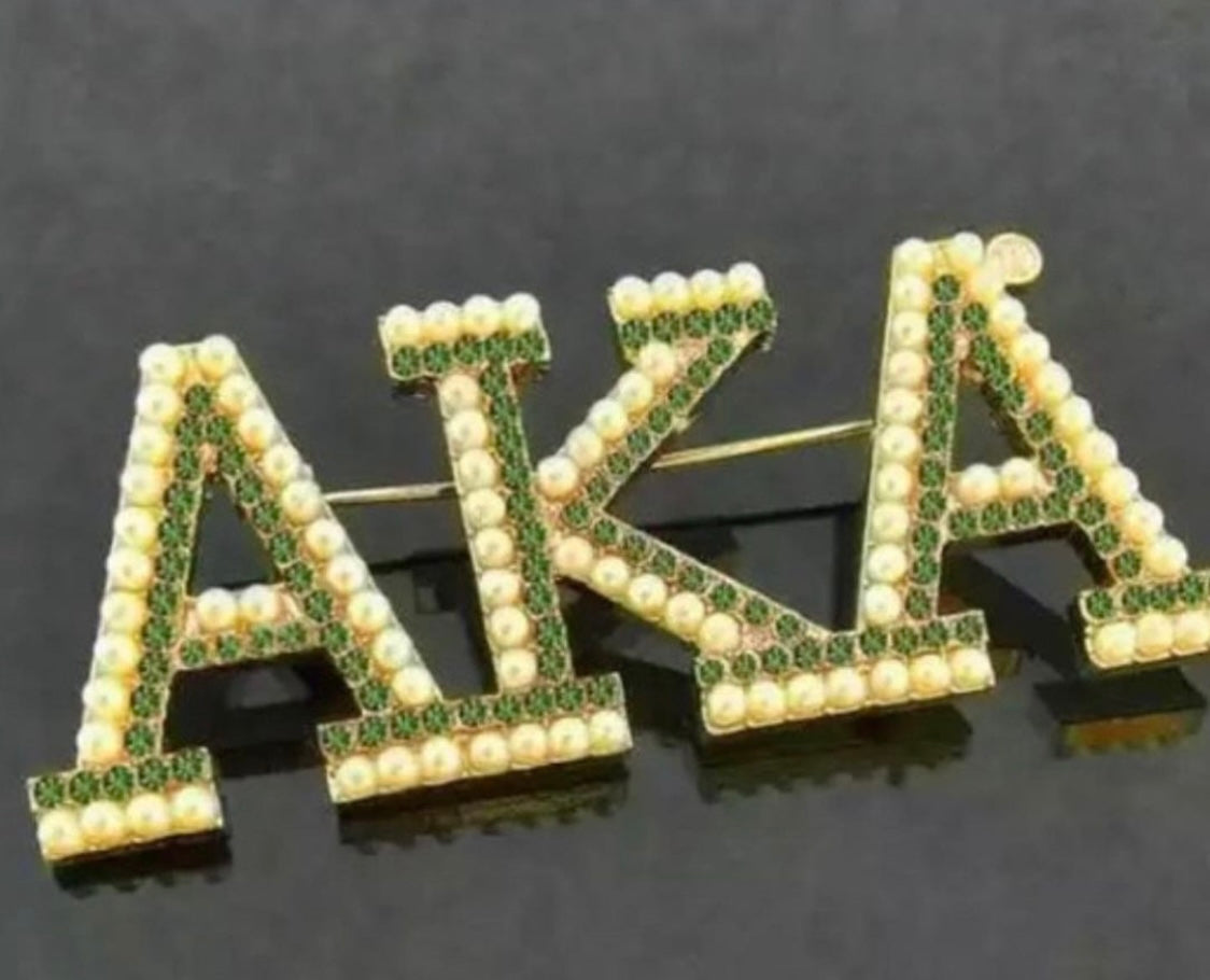 AKA, “AKA” Double Row Pearl and Green Rhinestones, GOLD OR SILVER, Brooch with Keepsake Pouch