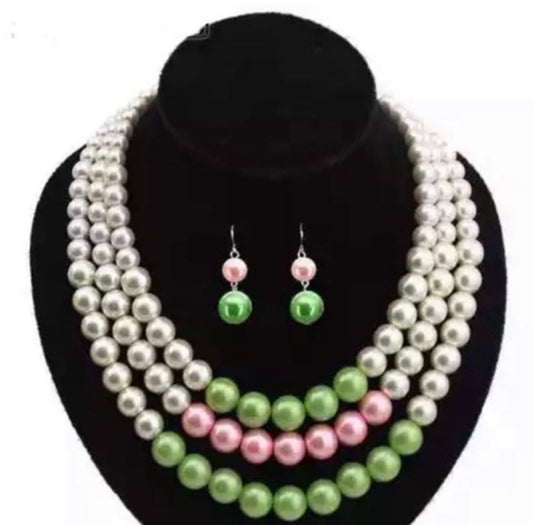 AKA Multi-Colored Triple Pearl Necklace with Earrings with Keepsake Pouch