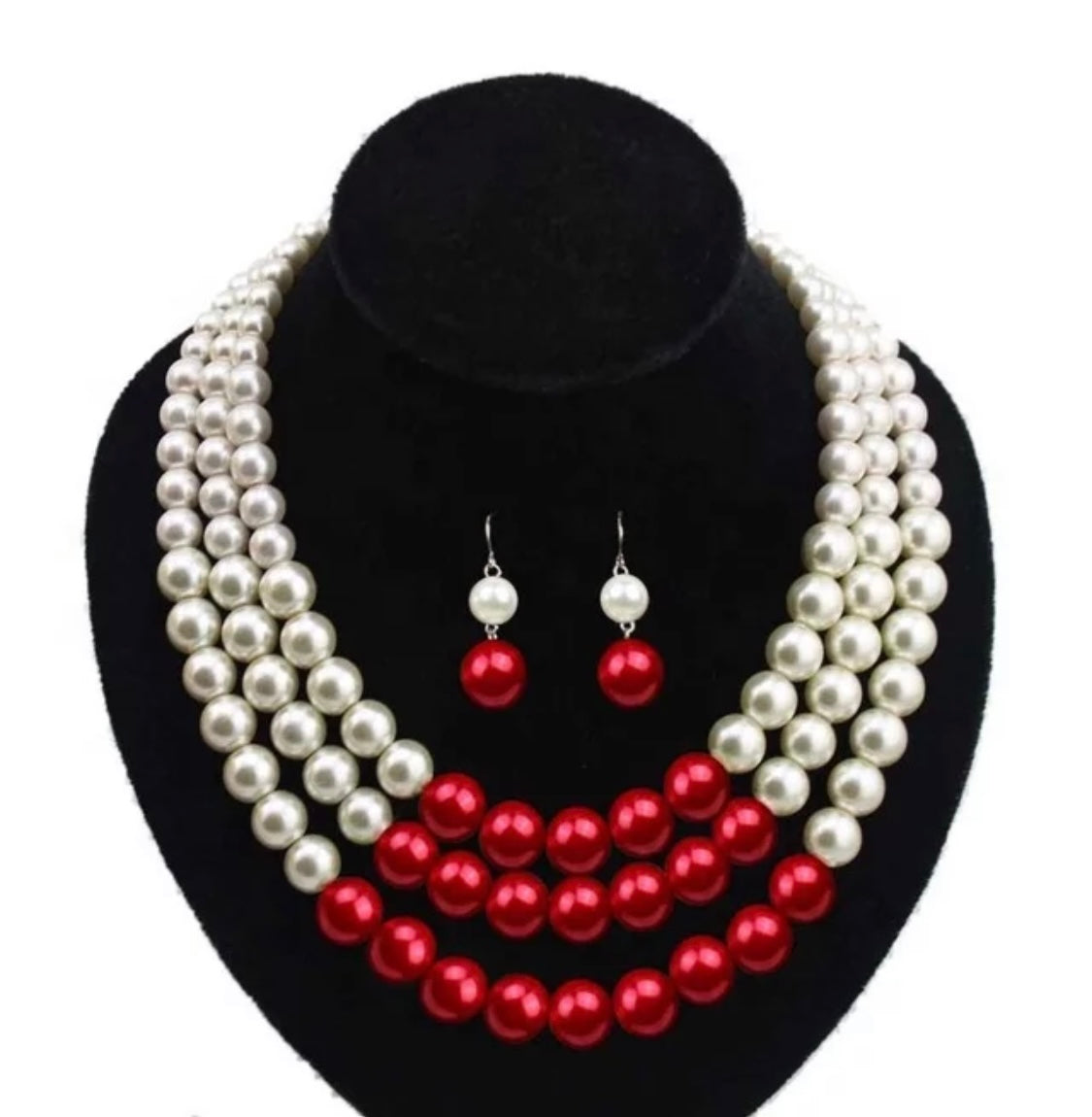 DST, Delta Sigma Theta, Crimson and Cream Triple Pearl Necklace with Earrings with Keepsake Pouch