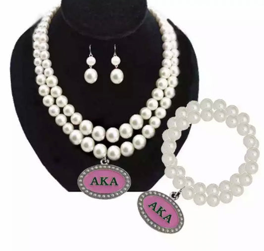 AKA, Alpha Kappa Alpha, Pearl Necklace, Bracelet, and Earrings Set, AKA Oval Pendant